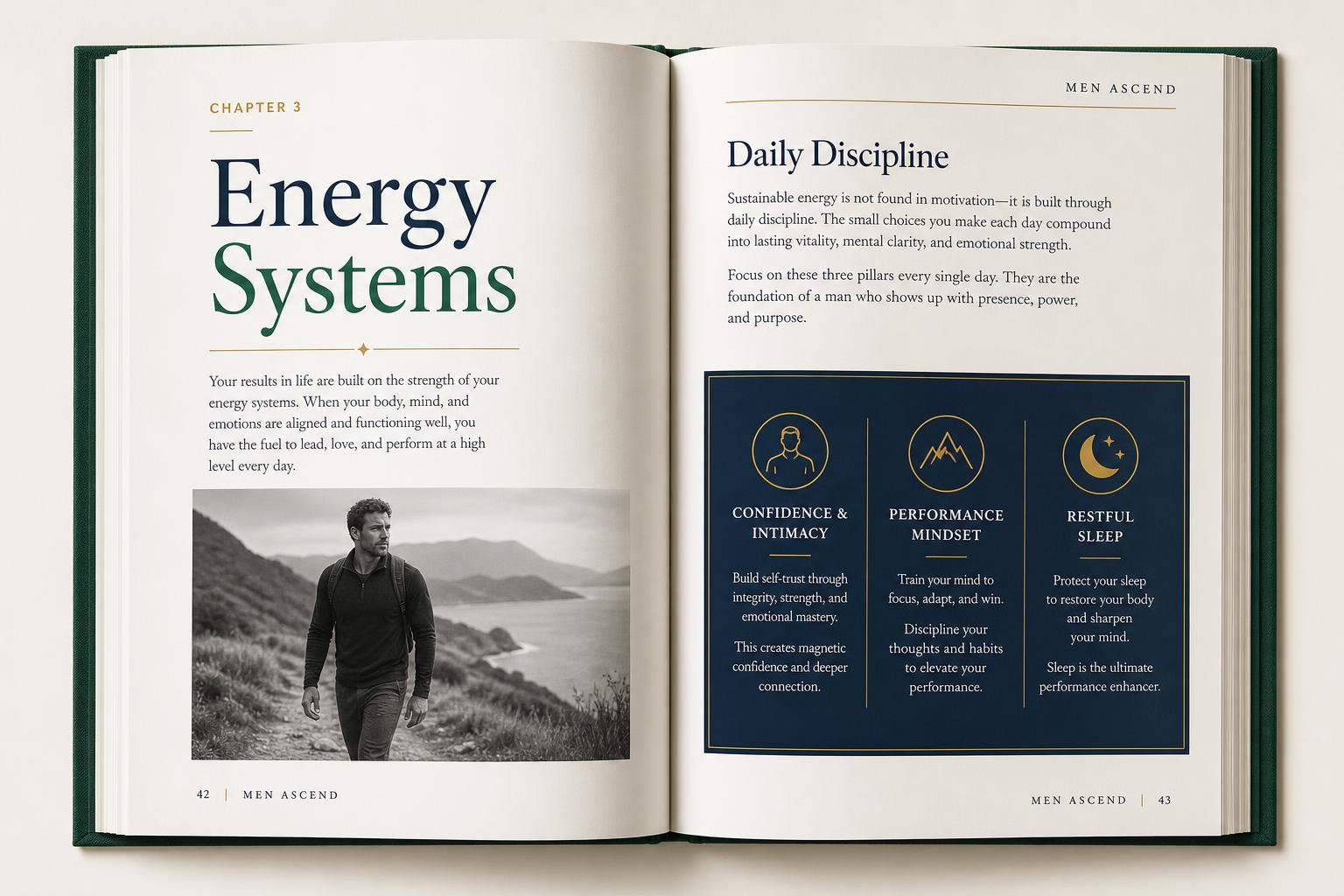 Open pages of the Men Ascend Performance Blueprint ebook showing the Energy Systems and Daily Discipline chapters